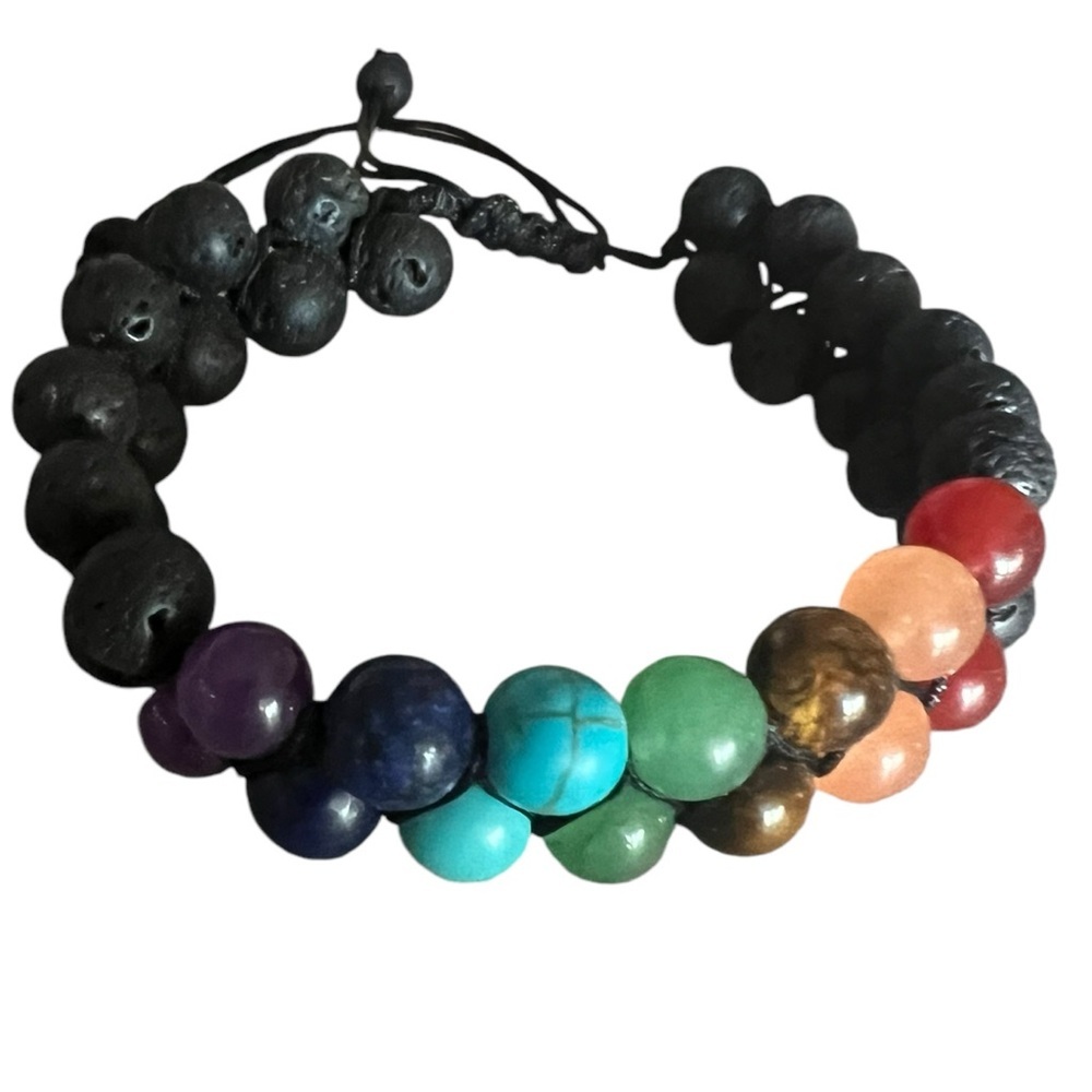 Adjustable Leather 7 Chakra Lava Bracelet for Spiritual Healing and Meditation